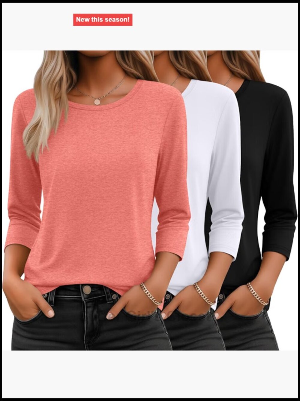 3 Pack 3/4 Sleeve Crew Neck T-Shirts for Women Loose Fit Casual Basic Tee
